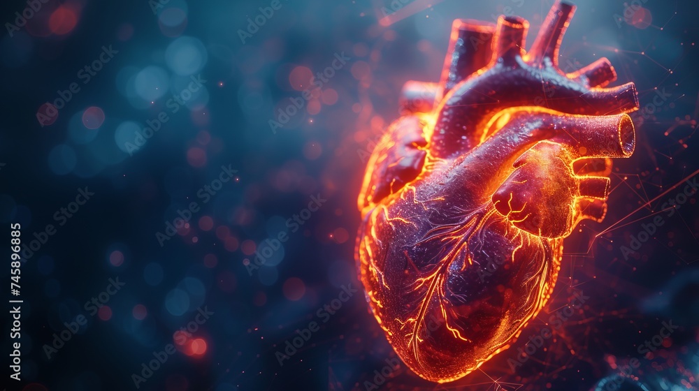 A digital reality hologram of a human heart glowing with digital networks lines, on blue background A digital reality hologram of a human heart glowing with digital networks lines, on blue background