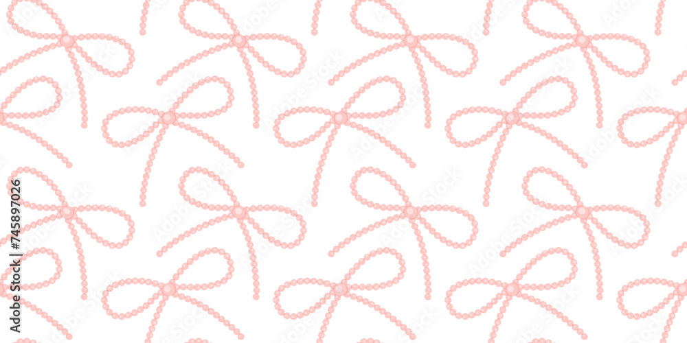 Pattern of beaded bow on white background. Pink bow seamless pattern cartoon illustration. Cute jewellery bow from pearls Pattern of beaded bow on white background. Pink bow seamless pattern cartoon illustration. Cute jewellery bow from pearls