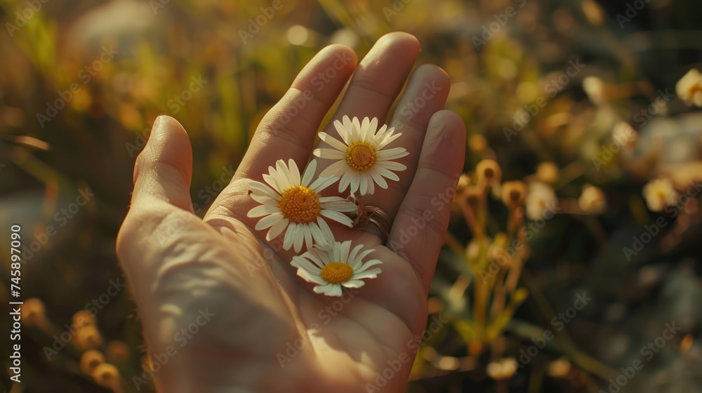 Small daisies in hand on nature. Small daisies in hand on nature.