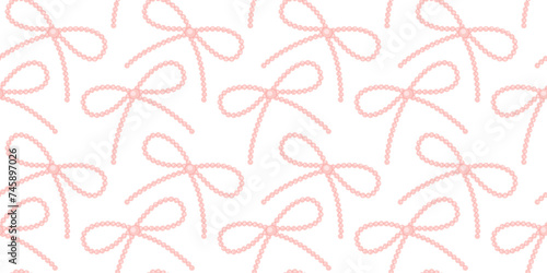Pattern of beaded bow on white background. Pink bow seamless pattern cartoon illustration. Cute  jewellery bow from  pearls