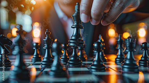 Businessman hands holding chess strategy on challenge with teamwork leadership idea planning or intelligence victory competition. Business concept