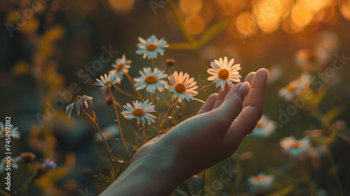 Small daisies in hand on nature.