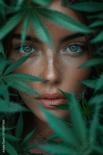 beautiful female face with glass eyes looking through a bush of marijuana leaves. Green marijuana leaves frame a beautiful face