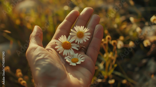 Small daisies in hand on nature.