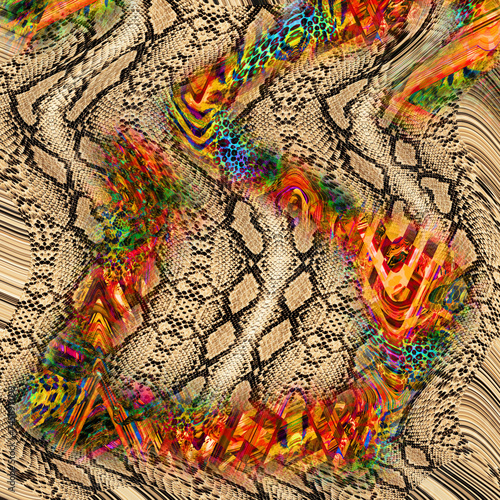 Combination textile collage pattern of wave and lines colored leopard snake tiger textures photo