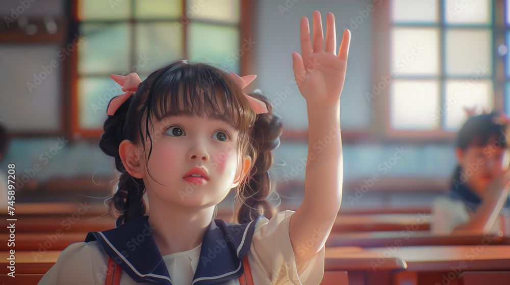 cute girl student rasie her hand in the classroom. Stock Photo | Adobe ...