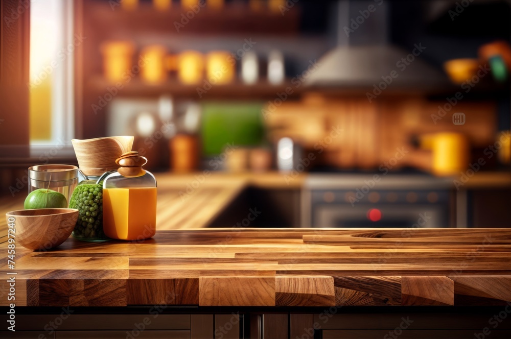 Wooden table in modern kitchen. Blurred background.