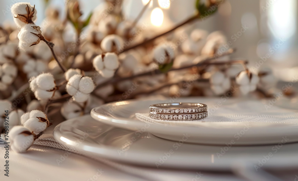 wedding rings on a decorative plate with cotton accents in a softly lit room wedding rings on a decorative plate with cotton accents in a softly lit room