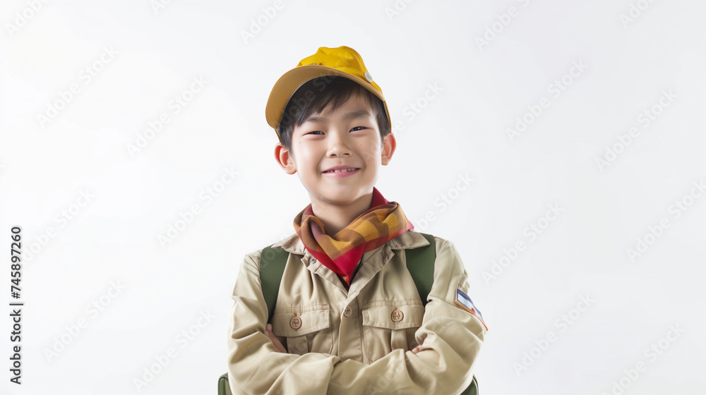 happy asian kid with adventure costume , isolate on white background happy asian kid with adventure costume , isolate on white background