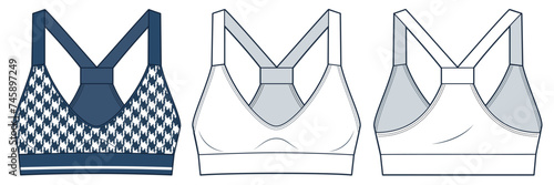 Sports Bra technical fashion illustration, houndstooth pattern. Crop Top fashion flat technical drawing template, straps, slim fit, front and back view, white, blue, women Top CAD mockup set.
