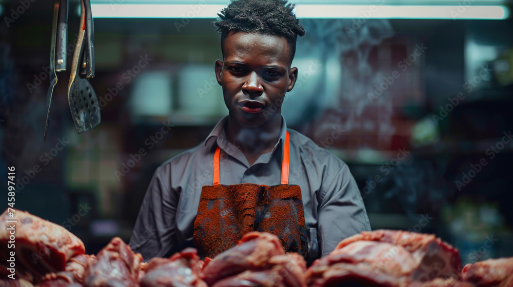 Young African American man in butcher clothes with fresh meat.