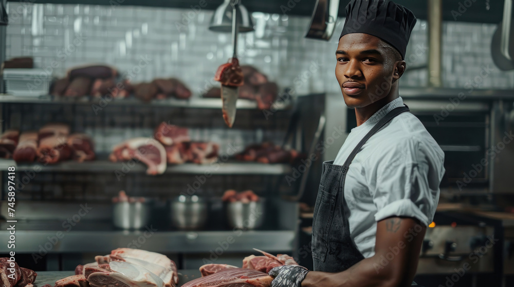 Young African American man in butcher clothes with fresh meat. Young African American man in butcher clothes with fresh meat.