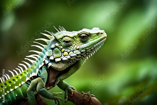Small Green Iguana Closeup Chameleon in camouflage, a green reptile blending into its surroundings, illustrating the incredible adaptability of these creatures © MSohail