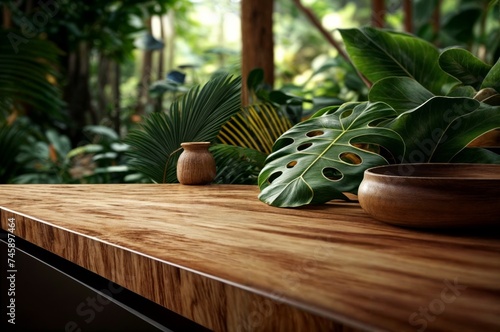 Wooden table with tropical plants in the garden.