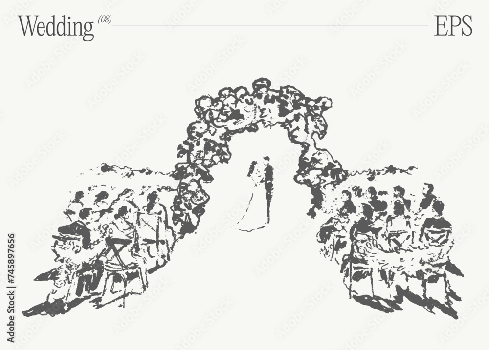Naklejka premium A loving couple's wedding day under the Bridal Archway. Hand drawn vector illustration, sketch.