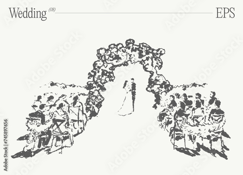 A loving couple's wedding day under the Bridal Archway. Hand drawn vector illustration, sketch.