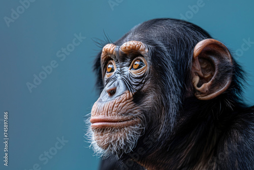 Chimpanzee with thoughtful expression on blue background