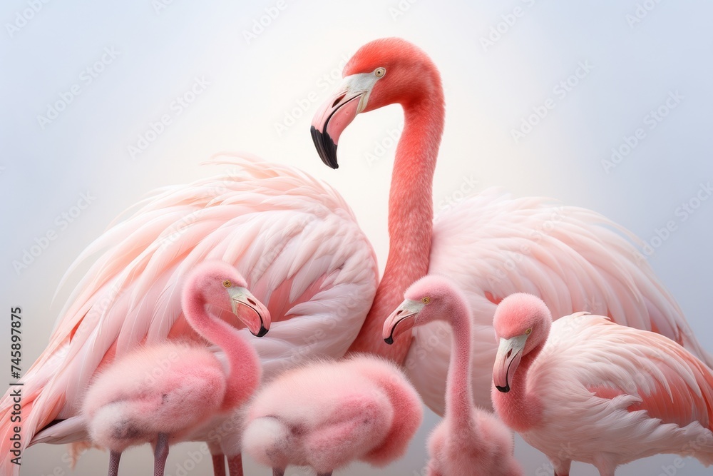 Fototapeta premium flamingos with their babies on a white background