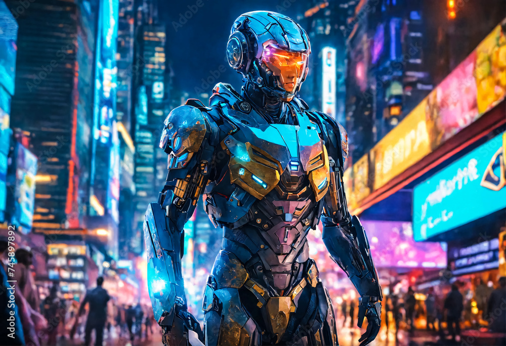 Humanoid robotic human with artificial intelligence on big city background. Concept of artificial intelligence controlling the peaceful life of humanity. Humanoid robotic human with artificial intelligence on big city background. Concept of artificial intelligence controlling the peaceful life of humanity.