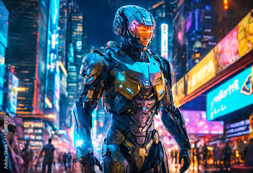 Humanoid robotic human with artificial intelligence on big city background. Concept of artificial intelligence controlling the peaceful life of humanity.