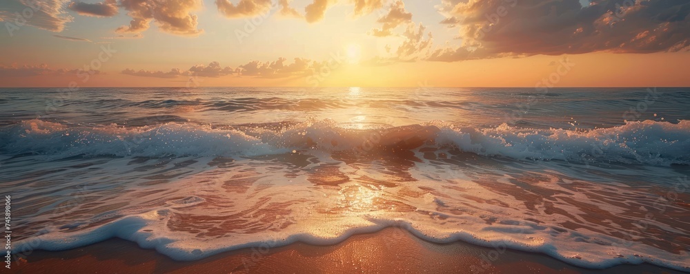 Golden Sands and Sea Waves. A Serene Sunset Scene on the Sandy Beach. As the Sun Dips Below the Horizon, the Ocean's Waves Dance Gently upon the Shoreline