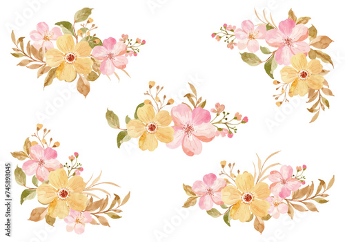 Yellow pink floral bouquet collection with watercolor © Asrulaqroni