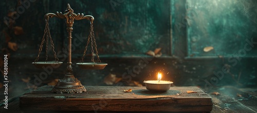 An antique set of scales on a wooden table lit by dim candlelight, invoking a sense of age and justice