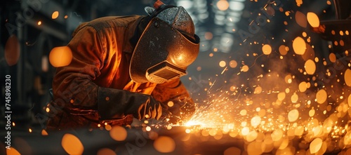 A skilled welder in protective gear fusing metal with bright sparks flying in an industrial setting