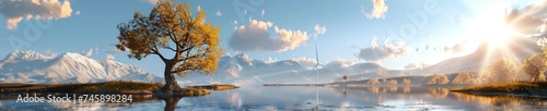 A conceptual depiction of a wind turbine generator set in a pristine natural environment emphasizing renewable energy and ecological balance