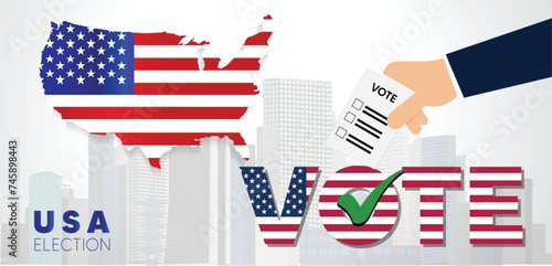 hand giving vote american flag with country map president election vector poster