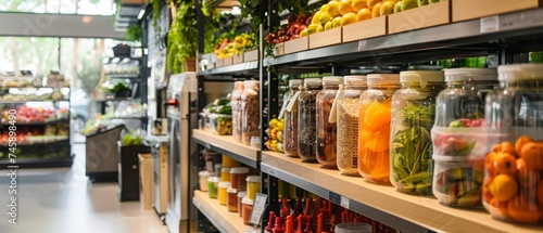 A sustainable grocery concept with bulk food dispensers zero waste packaging and reusable containers for a green lifestyle photo