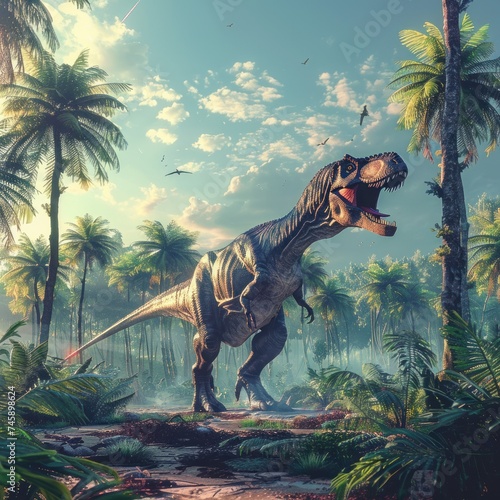 Dinosaurs Roaming in the Primeval Forest. A Glimpse into Prehistoric Times. Among Towering Trees and Dense Foliage, Mighty Dinosaurs Rule the Land