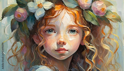 Oil painting of cute little girl with curly red hair and floral wreath on head. Beautiful female child. photo