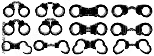 set black police handcuff silhouette icon. Thief arrested protection symbol vector illustration photo