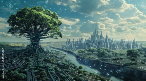 A grand tree with circuit-like roots stands as a symbol of life and technology, overlooking a sprawling, advanced cityscape. © doraclub