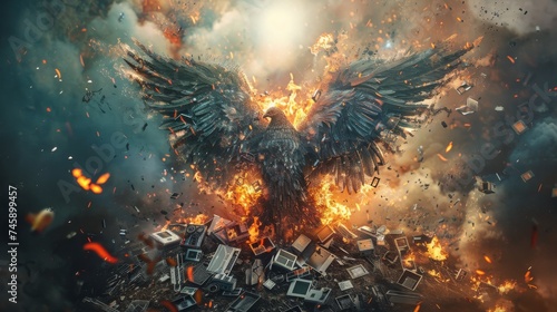 A majestic phoenix arises from a maelstrom of fiery destruction amidst shattered technology, symbolizing rebirth and resilience.