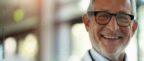 Senior man with glasses smiling warmly, exuding a sense of wisdom and friendliness.