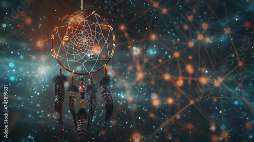 A Native American dreamcatcher stands out with its intricate webbing and feathers against a cosmic backdrop, reminiscent of a starry network.