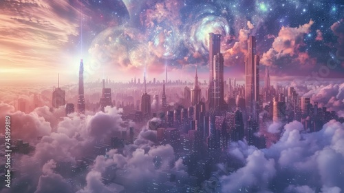 A breathtaking cityscape soars towards a majestic cosmic skyline, where the boundaries between a futuristic metropolis and the infinite universe blur.