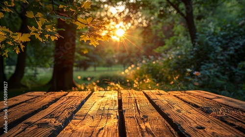 empty table background with defocused nature theme in background 