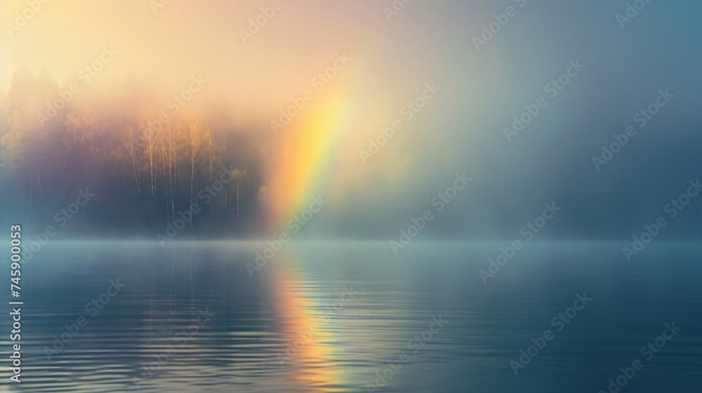 A peaceful morning view with a faint rainbow. A peaceful morning view with a faint rainbow.