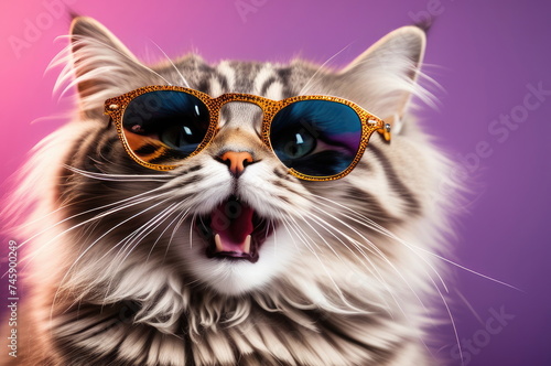 Cat in Chic Sunglasses Yawning on a Lavender Backdrop