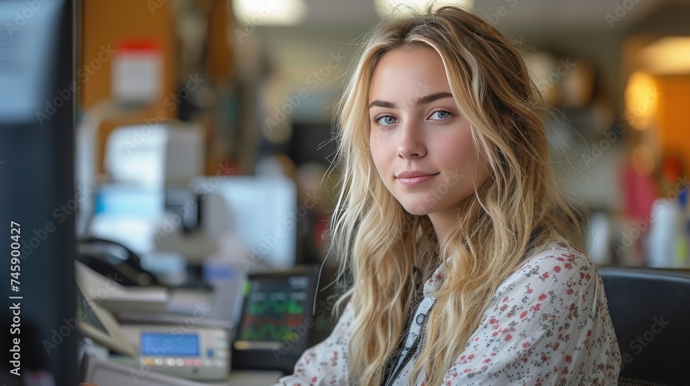 Attractive young professional woman with a pleasant expression working at her desk with office equipment in the background.