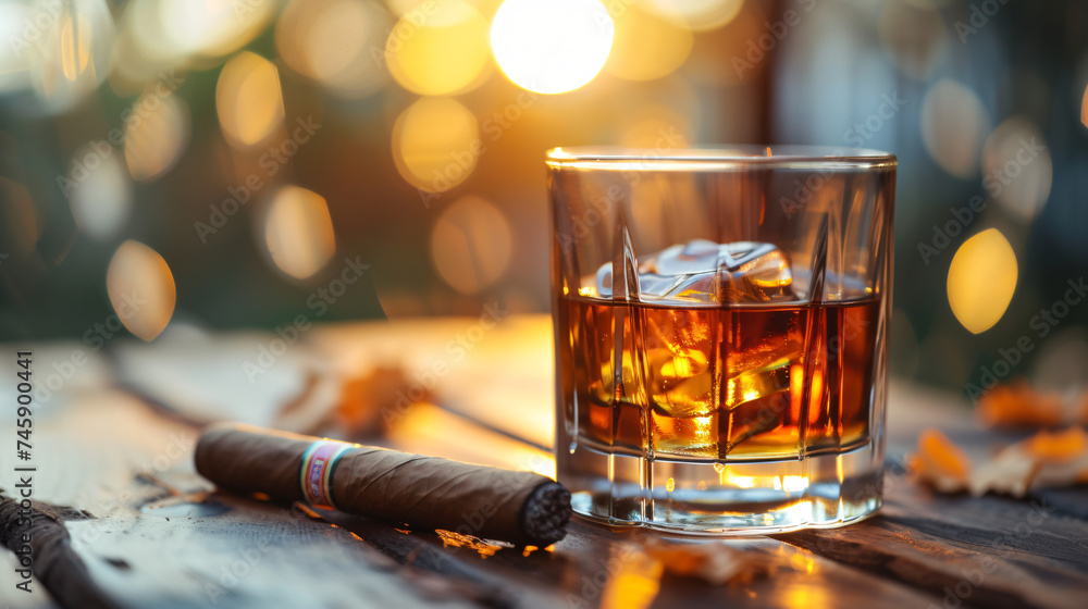 A Glass with Whiskey and a Cigar Next to It on