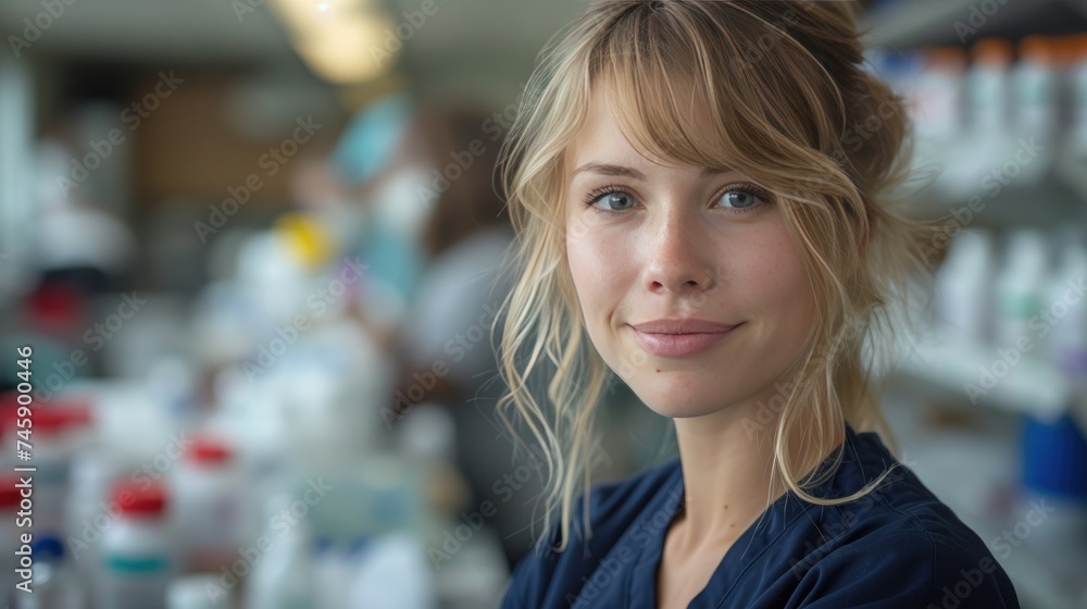 Young female nurse with a friendly smile standing in a medical facility with healthcare supplies in the background.