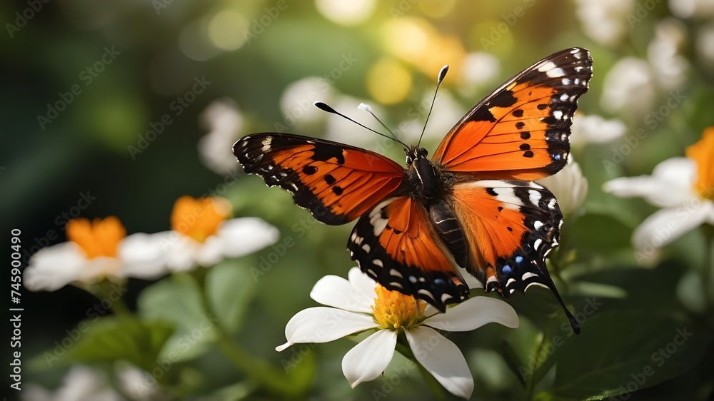 Fototapeta premium Beautiful spring nature background with butterfly, lovely blossom