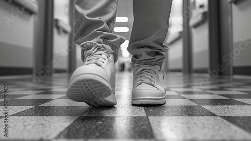 Low angle view of a person walking down a corridor with a checkered floor, wearing white sneakers and grey pants. 