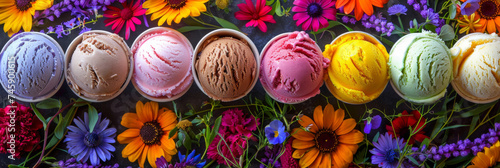 Different flavors of ice cream in scoops in different waffle cups with wild flowers and bright colors. Generative AI photo