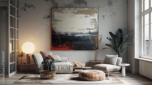 modern living room, Hanging on the wall is an abstract painting with portrait shape texture, light white and tone, several elegant decors photo