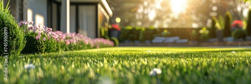 The morning sun shines on the green lawn, The backyard for the background, the meadow grass, The design concept for background. Panoramic photo